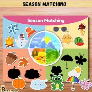 Op de afbeelding: Een kleurrijk educatief spel "Season Matching". Het spel bevat illustraties van seizoensgebonden items zoals een sneeuwvlok, een sneeuwpop, een zonnebril en een watermeloen. Het spel is ontworpen om kinderen te helpen de verschillende seizoenen te leren.