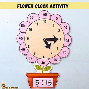 Puede incluir: Una actividad de reloj con forma de flor con un diseño de flor rosa claro y una esfera de reloj de madera. Las manecillas del reloj señalan las 3:15. El texto "FLOWER CLOCK ACTIVITY" está en la parte superior, y la hora se muestra como 5:15 en una maceta.