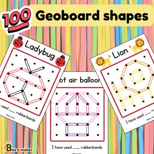 Peut inclure: Des formes de géoplan éducatives pour enfants. L'image montre trois cartes avec des formes de coccinelle, de montgolfière et de lion. Les cartes ont des points noirs et sont conçues pour être utilisées avec des élastiques. Le texte "100 Geoboard shapes" est en haut.