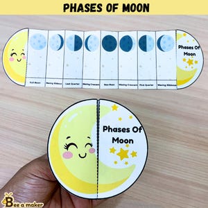 Könnte beinhalten: Ein Papierbastelprojekt, das die Mondphasen zeigt, mit einem gelben Halbmond mit lächelndem Gesicht und rosa Wangen. Der Streifen zeigt acht Mondphasen mit den Beschriftungen Full Moon, Waning Gibbous, Last Quarter, Waning Crescent, New Moon, Waxing Crescent, First Quarter und Waxing Gibbous.