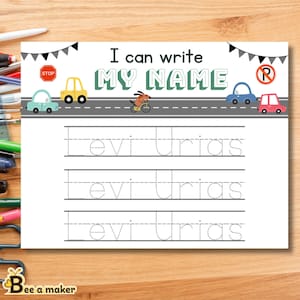 May include: A printable worksheet for kids to practice writing their name. The worksheet features a road with cars, a stop sign, and a no parking sign. The name "Levi Urias" is written in dotted lines for the child to trace.