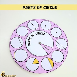 Könnte beinhalten: Ein kreisförmiges Lernwerkzeug mit der Aufschrift "Parts of Circle" in rosa und weiß. Das Werkzeug verfügt über beschriftete Abschnitte und einen drehbaren Zeiger, ideal zum Erlernen geometrischer Konzepte. Der Text "Tangent" ist sichtbar.