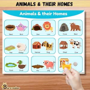Animais e suas casas: livro de atividades para imprimir | Atividade de correspondência para pré-escola | Aprendizagem de animais Montessori | PDF A4 e Carta