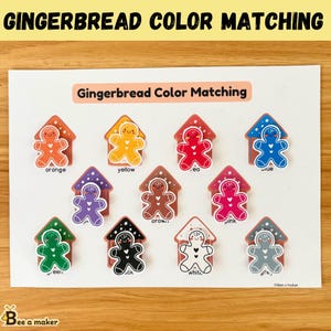 May include: A color matching activity featuring gingerbread men and houses in various colors. The text "GINGERBREAD COLOR MATCHING" is at the top. Each gingerbread man matches the color of its house, with labels like "orange" and "yellow".