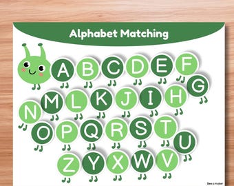 May include: Alphabet matching educational game featuring a green caterpillar and alphabet letters A through V. The letters are in green circles with white outlines. The words "Alphabet Matching" are at the top of the image.