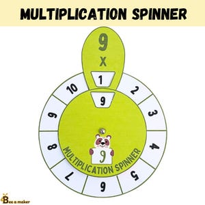 May include: A multiplication spinner with the text "MULTIPLICATION SPINNER" at the top. The spinner is green and white, featuring numbers 1-10 around the edge. A small panda holds a "9" in the center. The spinner is designed for educational purposes.