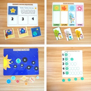 May include: Four printable educational activity sheets for kids. The first sheet features a nursery rhyme sequencing activity with a star, a window, and a globe. The second sheet is a four seasons matching activity with images of summer, autumn, winter, and spring. The third sheet is a match the planets activity with images of the sun, Mercury, Venus, Earth, Mars, Jupiter, Saturn, Uranus, and Neptune. The fourth sheet is a number counting activity with aliens and circles.
