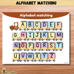 May include: Educational alphabet matching game. A colourful alphabet train is depicted, with letters A to Z on individual carriages. The game is designed to aid children in learning the alphabet. The text "Alphabet matching" is visible.