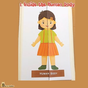 Pode incluir: Uma atividade imprimível para crianças com uma ilustração de desenho animado de uma menina com cabelo castanho, uma camisa verde, uma saia laranja e sapatos pretos. O texto "Inside the Human Body" e "HUMAN BODY" é visível na página.