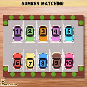 Könnte beinhalten: Ein Zahlenzuordnungsspiel mit zehn Spielzeugautos, die in nummerierten Parkplätzen geparkt sind. Die Autos haben verschiedene Farben, mit den Zahlen 1 bis 10. Der Text "NUMBER MATCHING" steht oben.
