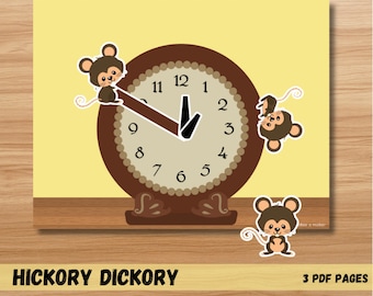 May include: A brown clock with a white face and black hands. The clock has a mouse on each side and a mouse hanging from the minute hand. The clock face has the numbers 1 through 12. The text "HICKORY DICKORY" is at the bottom of the image. The text "3 PDF PAGES" is at the bottom right of the image.