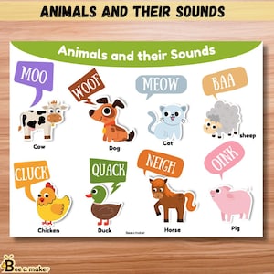 May include: Educational poster titled "Animals and Their Sounds." Features cartoon illustrations of a cow, dog, cat, sheep, chicken, duck, horse, and pig. Each animal has a speech bubble with its sound: "Moo," "Woof," "Meow," "Baa," "Cluck," "Quack," "Neigh," and "Oink."