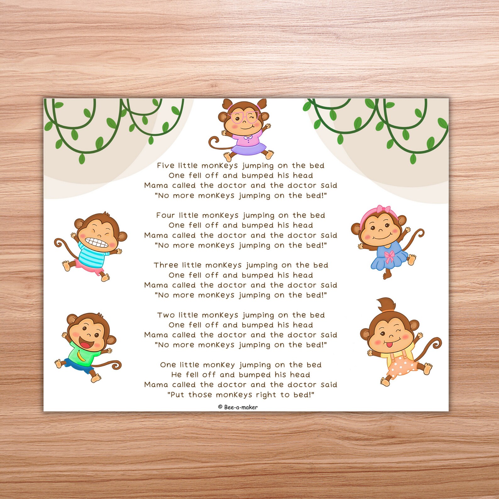 Five Little Monkeys Printable Nursery Rhyme Song Activity Etsy