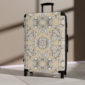 Apple Cream Wheeled Suitcase, Apple Vine Print Inspired, Botanical Suitcase, Carry-on Travel Luggage, Hard Shelled, Safety Lock Feature