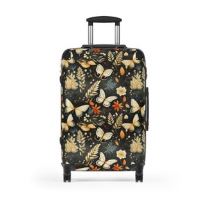 Yellow Butterfly Wheeled Suitcase, Vintage Gothic Inspired, Botanical Suitcase, Carry-on Travel Luggage, Hard Shelled, Safety Lock Feature