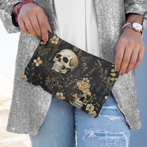 Skull Travel Pouch, Gothic Inspired, Cosmetic Bag, Floral Zippered, Toiletry Bag, Pencil Pouch, Travel Accessory, Black and Cream Botanical