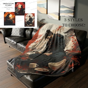 Samurai Blessing by Sunset Asian Inspired Fleece Blanket Asian Man Relaxing, Sofa Polyester, Throw, Red Orange Sunset, 3 Design Options