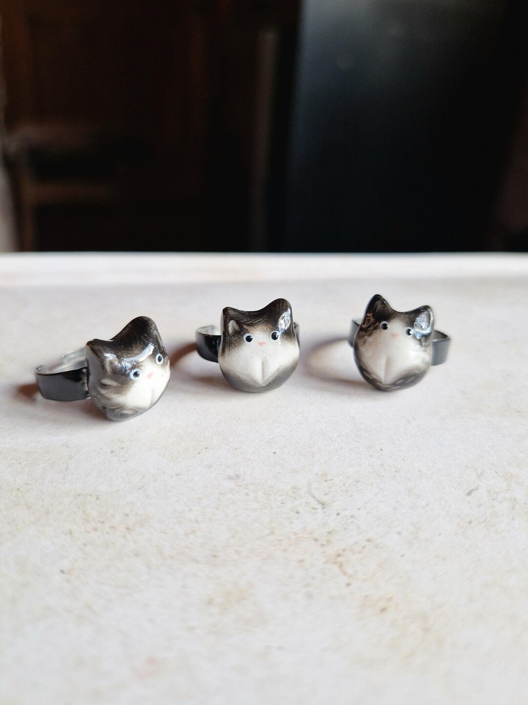 N Cat Rings Ceramic Black and White Cat Rings for Woman and Girl Handmade Cat ...