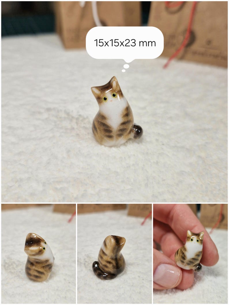 Cute Brown tabby cat figurine with green eyes. If you would like to change the eye color of the Brown with White tabby cat figurine to yellow, please select the "Eyes/Nose Changes" option.