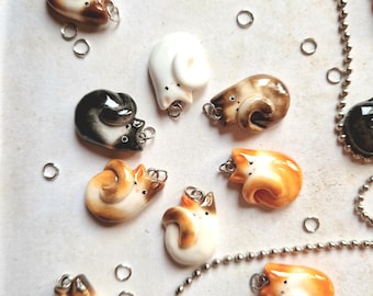 Curled Up Cat Pendants: Custom Cat charms from your cat photo. Orange, Tuxedo, Calico, White, Tortoiseshell cat pendants