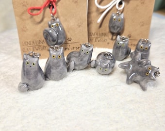 Custom Polymer Clay Gray Cat Pendant: Handmade Blue british shorthair cat charms