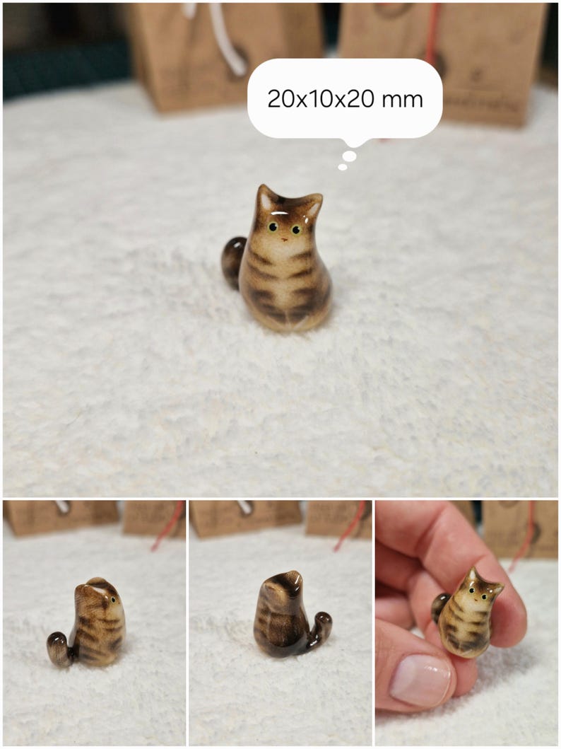 Adorable Brown tabby cat figurine with green eyes. If you would like to change the eye color of the Brown tabby cat figurine to yellow, please select the "Eyes/Nose Changes" option.