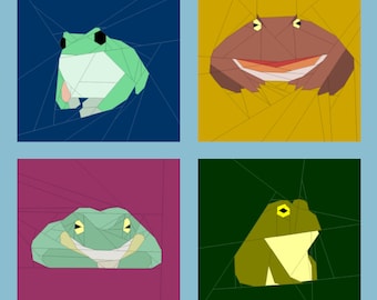 May include: A collage of four images featuring different origami frogs. The top left frog is green with white accents, the top right frog is brown with a white smile, the bottom left frog is green with a white smile, and the bottom right frog is green with yellow accents.