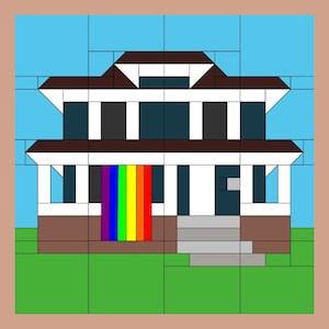 May include: A white house with a brown roof and a rainbow flag hanging in front of the windows. The house has a porch with a gray door and steps.
