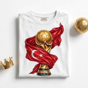 Może przedstawiać: Biały t-shirt z grafiką złotego pucharu piłkarskiego owiniętego w czerwoną tkaninę z białym półksiężycem i gwiazdą. Po lewej stronie znajduje się mała złota korona, a po prawej stronie koszulki umieszczona jest złota piłka nożna.