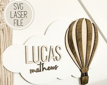 SVG Laser Cut Datei Heißluftballon Kinderzimmer Namensschild | Schlafzimmer Adventure Decor | Baby Shower Geschenke | GlowForge Getestet