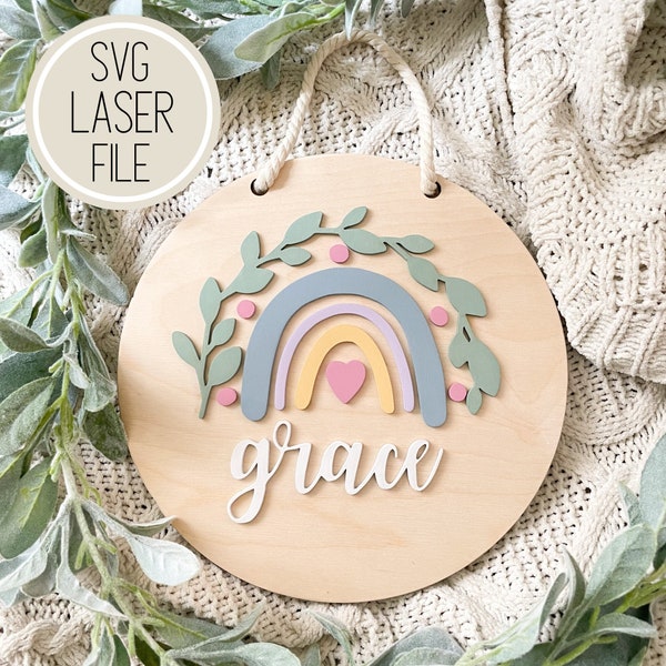 SVG laser gesneden bestand kinder naam slaapkamer teken | Boho Rainbow-thema | Kamerinrichting | Cadeaus voor babyshowers| GlowForge getest