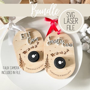 Pacote de câmera de Papai Noel/Elfo com corte a laser SVG + LENTE DE MADEIRA | Enfeite de árvore de Natal | Gravado | Presentes de Natal | Testado pela GlowForge