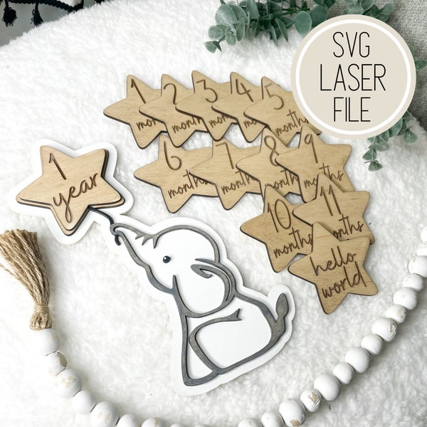 SVG Laser Cut File Elephant Stars Baby Milestone Interchangeable sign | Animal Decor | Baby Shower Gifts| GlowForge Tested