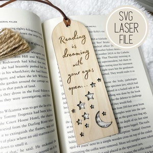 Laser Cut Bookmark SVG File: Reading is Dreaming, Star Cutouts (Digital File)
