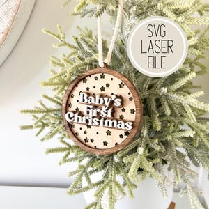 SVG Laser Cut File Baby's First Christmas Ornament | Star background | Christmas Tree Decor | Engraving | Holiday Gifts | GlowForge Tested