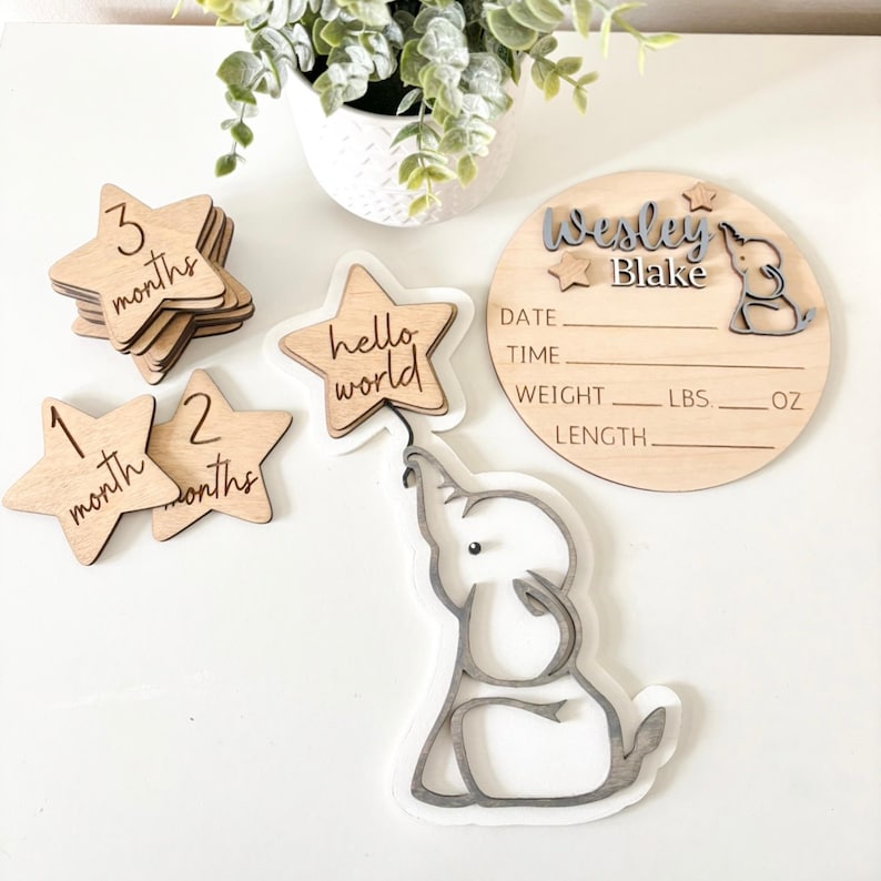 SVG Laser File Elephant Stars Baby Milestone Interchangeable Sign ...