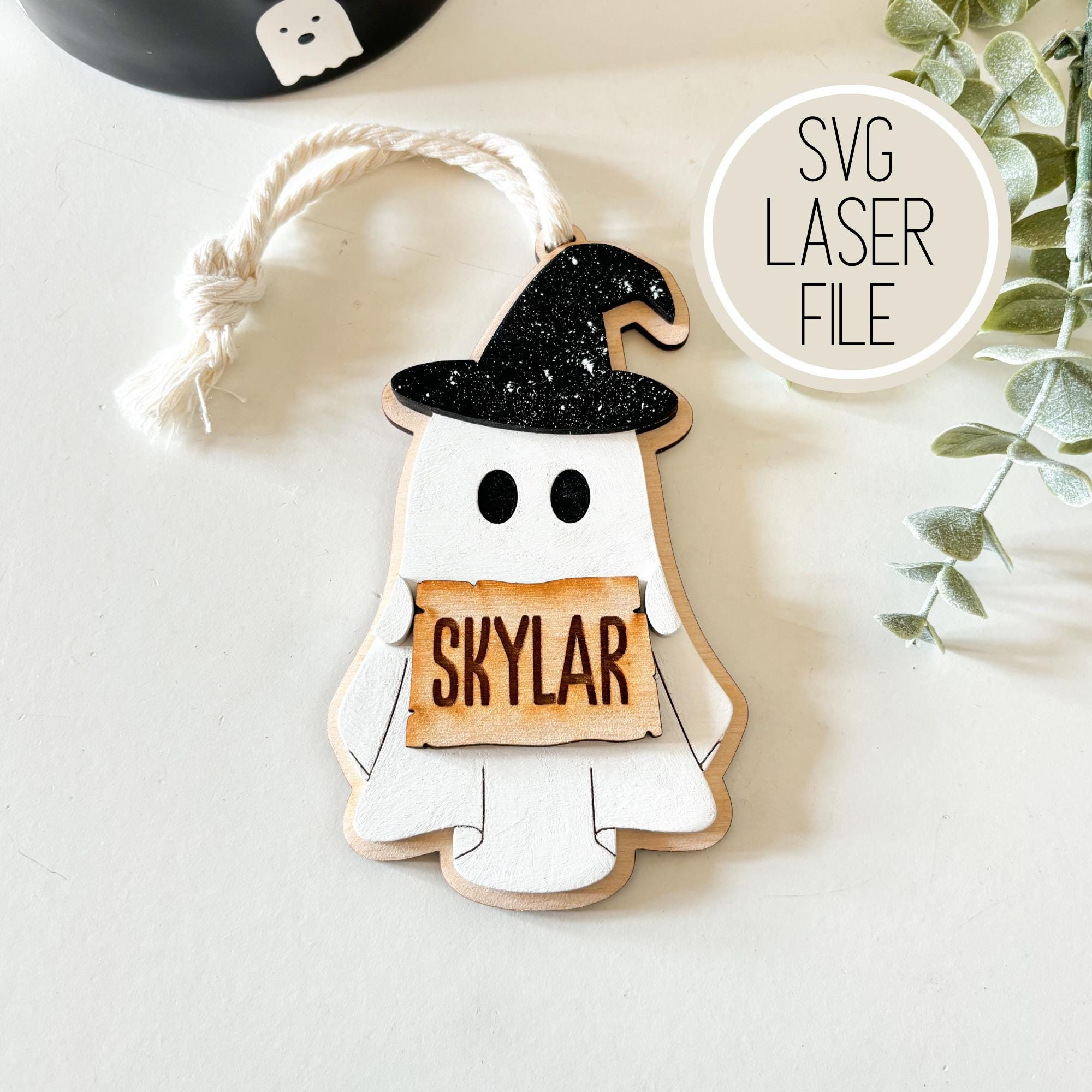 SVG Laser Cut File Halloween Witch Ghost Basket Tag Ornament | Halloween Gifts | Spooky Decor | Digital File - GlowForge Tested