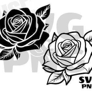 May include: Two black and white silhouette images of roses. The roses are facing the viewer and have a classic, elegant design.