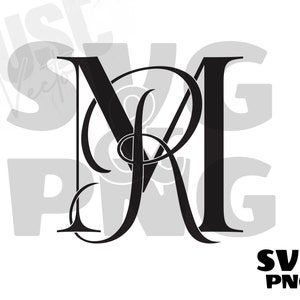 May include: Black and white monogram with the letters "M" and "R" intertwined. The letters are in a stylized script font.
