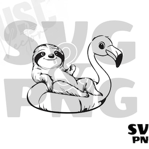 May include: A black and white line drawing of a sloth relaxing on a flamingo float. The sloth is sitting upright with its arms crossed and its legs dangling. The flamingo float is a simple outline of a flamingo with its head bent down.
