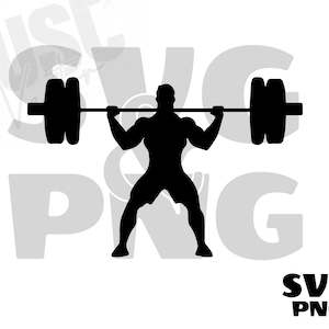 May include: Black silhouette of a person lifting a barbell weight. The person is in a squat position with their arms extended. The barbell is above their head.