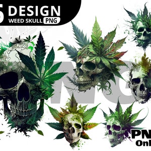 Peut inclure: Six illustrations numériques de crânes avec des feuilles de marijuana vertes qui poussent dessus. Les crânes sont dans différentes poses et les feuilles sont de différentes nuances de vert.