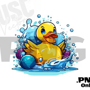 K&ouml;nnte beinhalten: Eine gelbe Gummiente mit blauen Augen und einem breiten L&auml;cheln planscht in einem blauen Wasserbecken. Die Ente ist von blauen und violetten Wassertropfen umgeben.