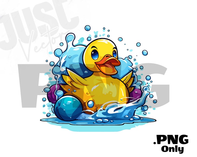 K&ouml;nnte beinhalten: Eine gelbe Gummiente mit blauen Augen und einem breiten L&auml;cheln planscht in einem blauen Wasserbecken. Die Ente ist von blauen und violetten Wassertropfen umgeben.