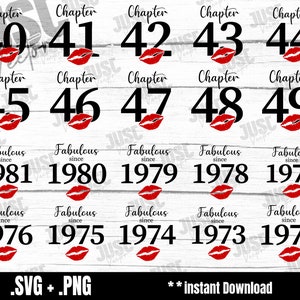Chapter 40 41 42 43 44 45 46 47 48 49, Fabulous Since,1981,1980,1979,1978,1977,1976,1975,1974,1973, 1972, Birthday,40th,45th,49th,Kiss svg