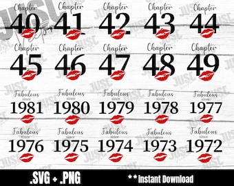 Chapter 40 41 42 43 44 45 46 47 48 49, Fabulous Since,1981,1980,1979,1978,1977,1976,1975,1974,1973, 1972, Birthday,40th,45th,49th,Kiss svg
