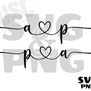 Pode incluir: Design gráfico preto e branco com o texto "a & p" e "p & a" com um símbolo de coração entre as letras.