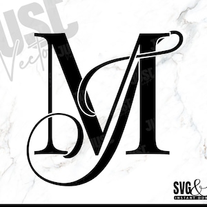 May include: A black and white monogram letter M with a decorative flourish. The letter is in a script font and has a classic, elegant style.