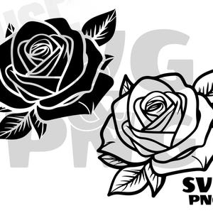 May include: Two black and white silhouette images of roses. The roses are facing the viewer and have a classic, elegant design.