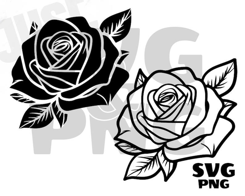 May include: Two black and white silhouette images of roses. The roses are facing the viewer and have a classic, elegant design.